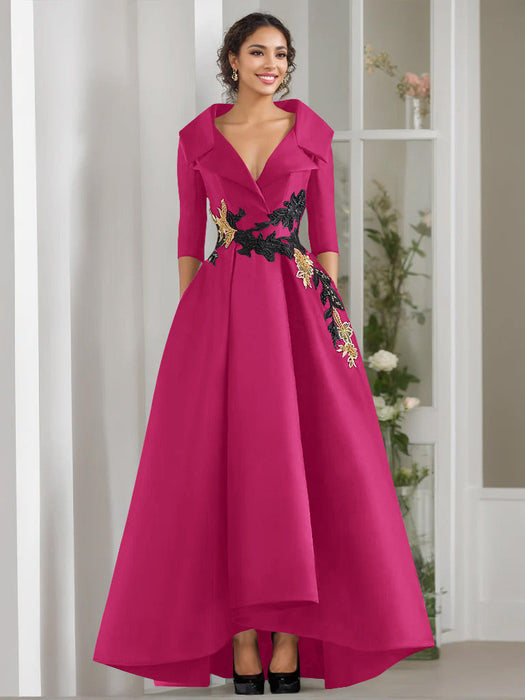 V-Neck A-Line Princess Floor-Length Mother of the Bride Dress with 3/4 Sleeves Appliques and Beading