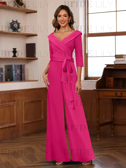 V-Neck Chiffon Jumpsuit with Ruched Detail and 3/4 Sleeves for the Mother