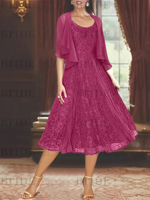 Princess A-Line Tea-Length Mother of the Bride Dress with Scoop Neck Half Sleeves Appliques and Jacket