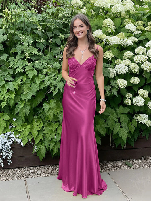 Fuchsia V-neck Beaded Satin A Line Prom Dress