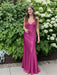 Fuchsia V-neck Beaded Satin A Line Prom Dress
