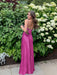 Fuchsia V-neck Beaded Satin A Line Prom Dress