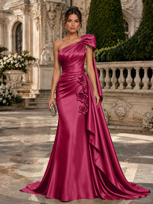 Fuchsia One Shoulder Satin Mermaid Evening Dresses with 3D Flowers
