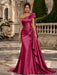Fuchsia One Shoulder Satin Mermaid Evening Dresses with 3D Flowers