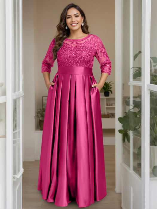Fuchsia Plus Size Floor-Length Mother of the Bride A-Line Dress with 3/4 Sleeves Scoop Neck Bow & Sequins
