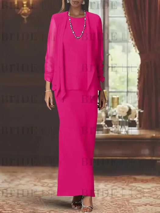 Floor-Length Scoop Neck Sheath Dress with Long Sleeves and Jacket for the Mother of the Bride