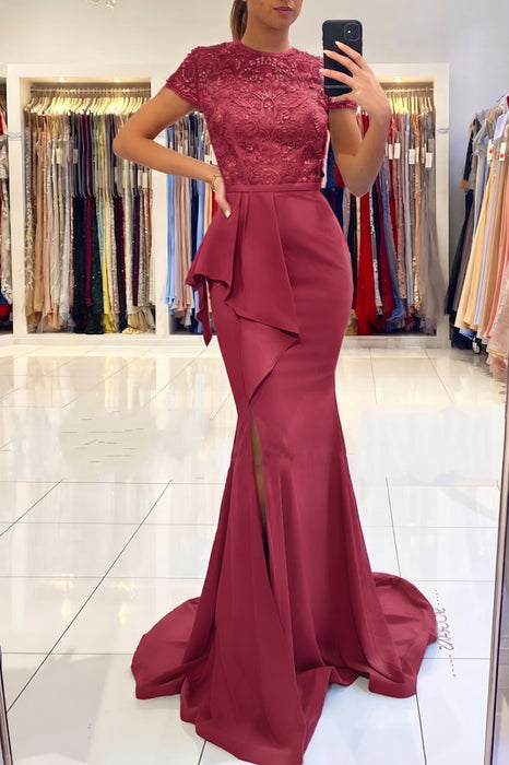 Fuchsia Short Sleeve Lace Mermaid Prom Dress with Slit