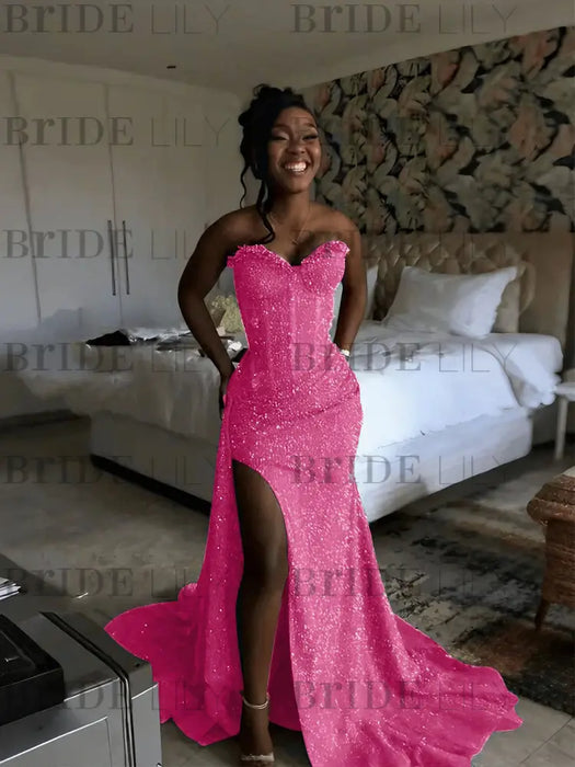Fuchsia Sparkly Strapless Mermaid Sequined Prom Dress with Slit