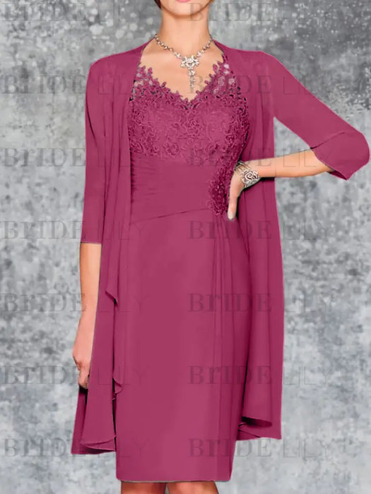 Fuchsia Knee-Length V-Neck Sheath/Column Mother of the Bride Dresses