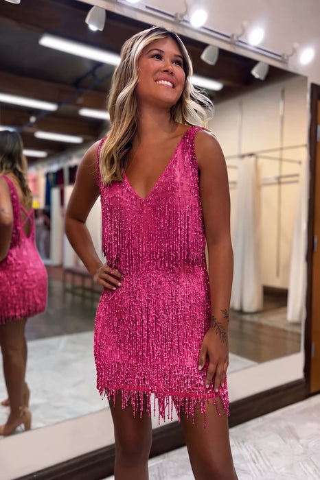 Fuchsia V-Neck Backless Tight Short Homecoming Dress with Fringes