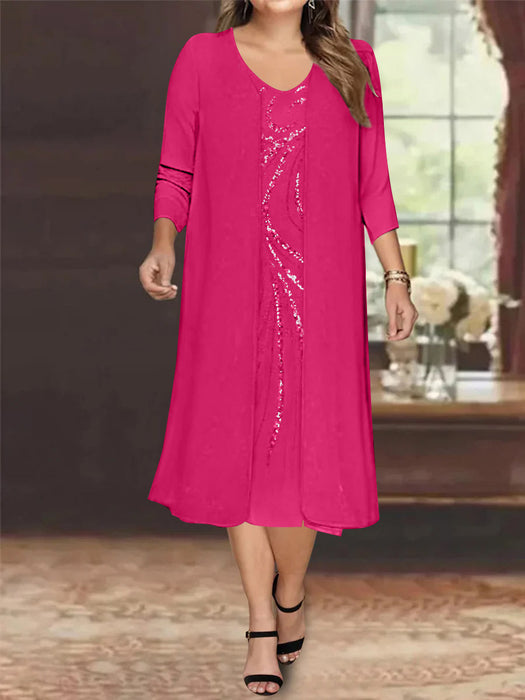 Fuchsia V-Neck Long-Sleeve Tea-Length Plus Size Mother of the Bride Dress with Jacket and Sequins