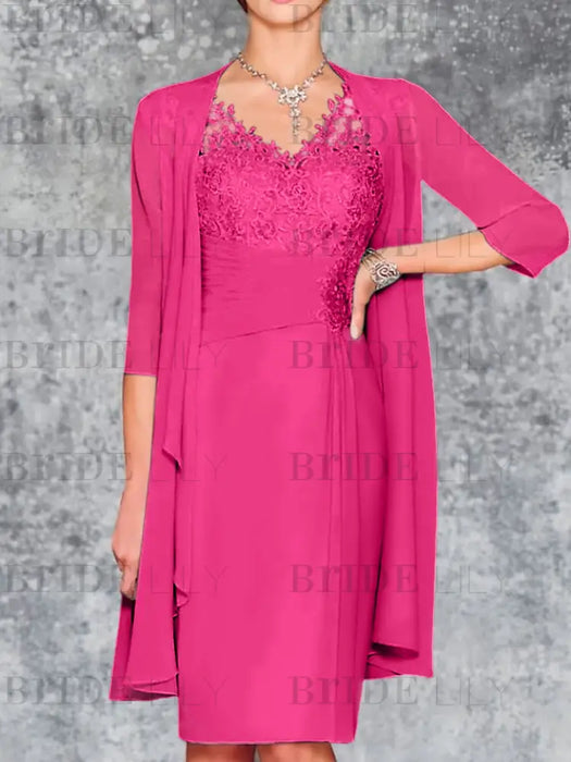 Fuchsia Knee-Length V-Neck Sheath/Column Mother of the Bride Dresses