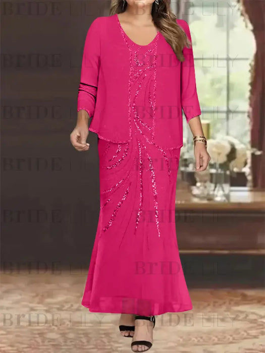 Plus Size V-Neck Ankle-Length Sheath/Column Mother of the Bride Dresses with Sequins & Jacket