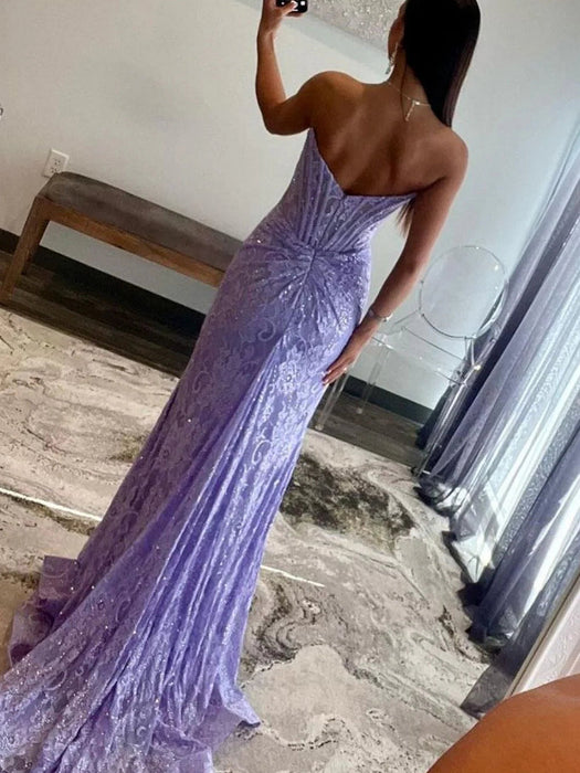 Glitter Mermaid Lace Prom Dress with Slit Strapless Evening Dress Long