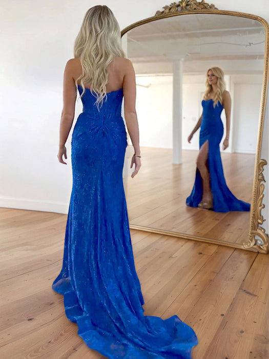 Glitter Mermaid Lace Prom Dress with Slit Strapless Evening Dress Long