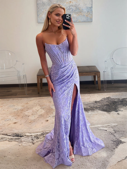 Glitter Mermaid Lace Prom Dress with Slit Strapless Evening Dress Long