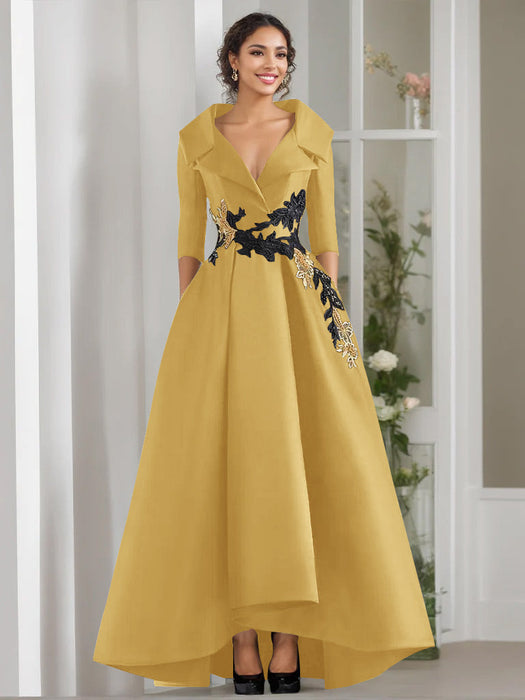 V-Neck A-Line Princess Floor-Length Mother of the Bride Dress with 3/4 Sleeves Appliques and Beading