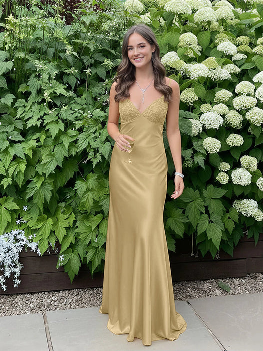 Gold V-neck Beaded Satin A Line Prom Dress