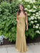 Gold V-neck Beaded Satin A Line Prom Dress