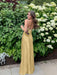 Gold V-neck Beaded Satin A Line Prom Dress