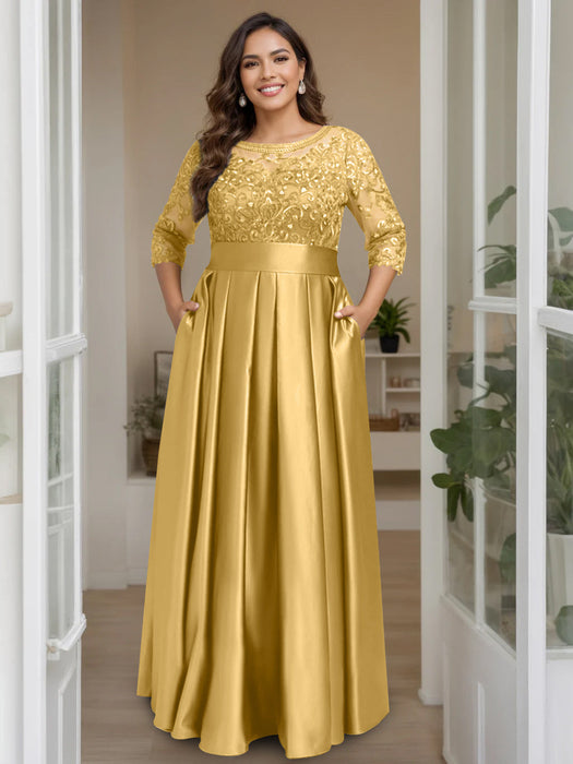 Yellow Plus Size Floor-Length Mother of the Bride A-Line Dress with 3/4 Sleeves Scoop Neck Bow & Sequins