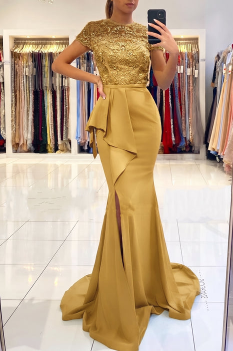 Gold Short Sleeve Lace Mermaid Prom Dress with Slit
