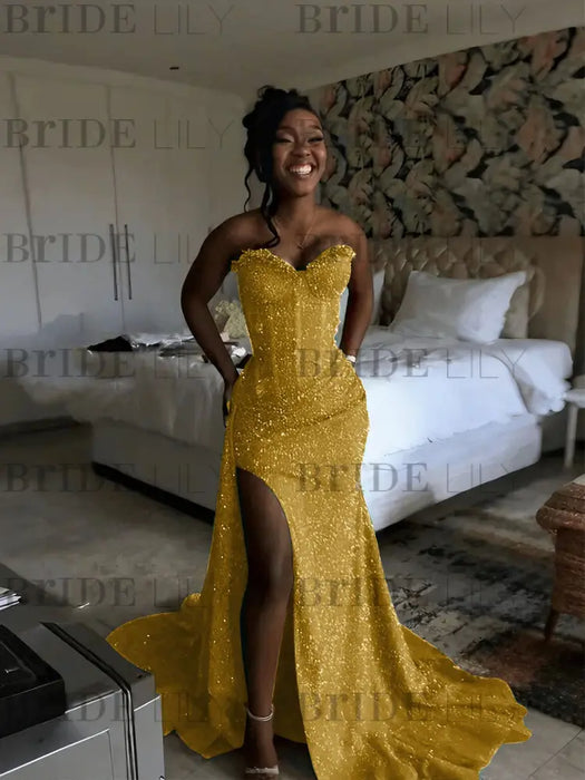Gold Sparkly Strapless Mermaid Sequined Prom Dress with Slit