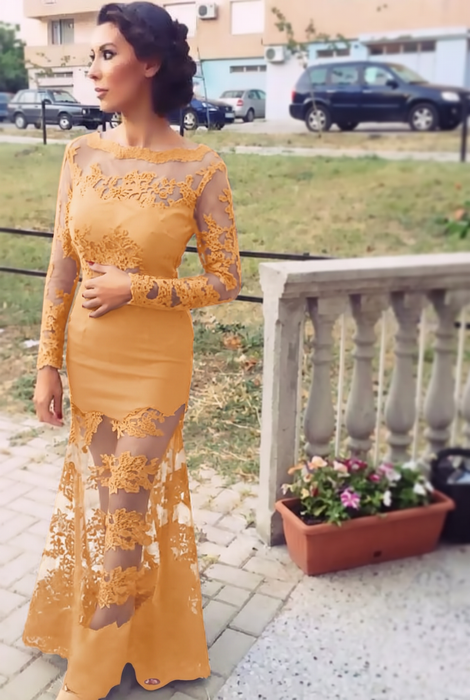 Gold Trumpet/Mermaid Bateau Long Sleeves Applique Lace Dresses - Prom Dresses