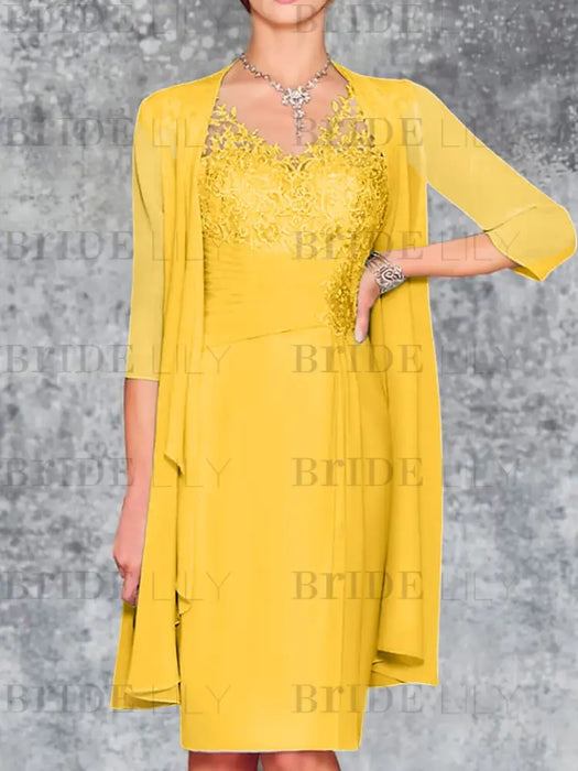 Gold Knee-Length V-Neck Sheath/Column Mother of the Bride Dresses