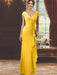 V-Neck Short-Sleeve Floor-Length Sheath Dress for the Mother of the Bride with Ruffles and Appliques