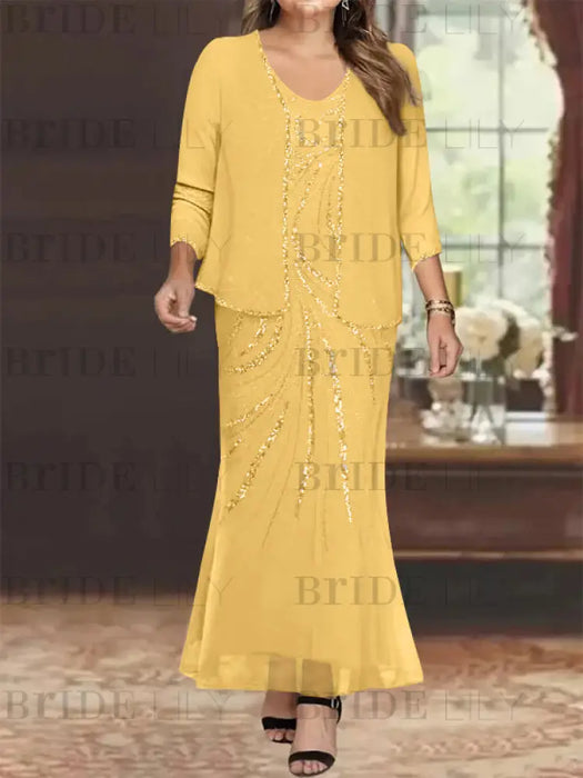 Plus Size V-Neck Ankle-Length Sheath/Column Mother of the Bride Dresses with Sequins & Jacket