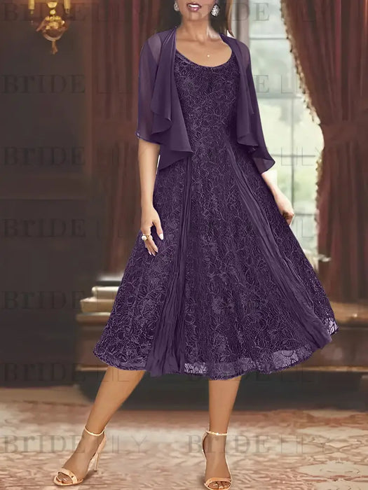 Princess A-Line Tea-Length Mother of the Bride Dress with Scoop Neck Half Sleeves Appliques and Jacket
