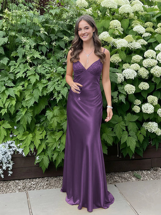 Grape V-neck Beaded Satin A Line Prom Dress