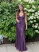 Grape V-neck Beaded Satin A Line Prom Dress