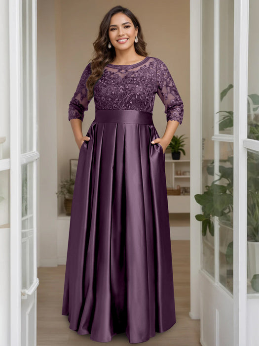 Grape Plus Size Floor-Length Mother of the Bride A-Line Dress with 3/4 Sleeves Scoop Neck Bow & Sequins