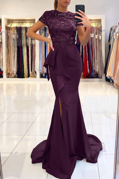Grape Short Sleeve Lace Mermaid Prom Dress with Slit