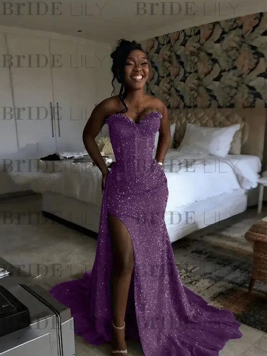 Grape Sparkly Strapless Mermaid Sequined Prom Dress with Slit