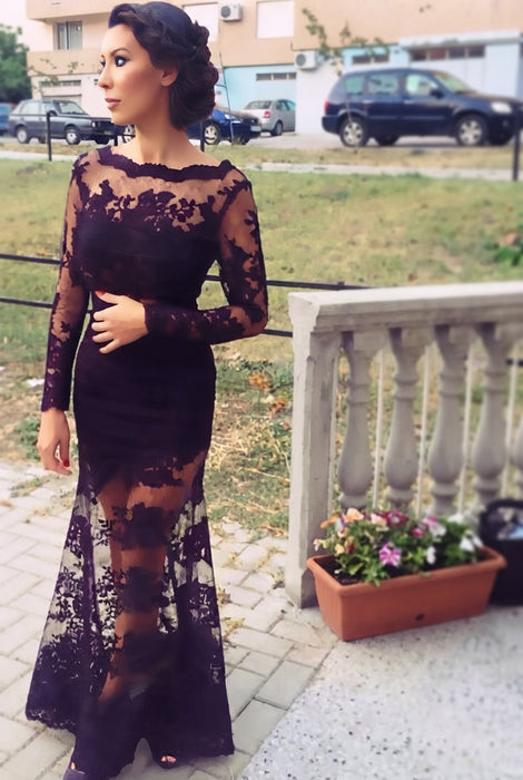 Grape Trumpet/Mermaid Bateau Long Sleeves Applique Lace Dresses - Prom Dresses
