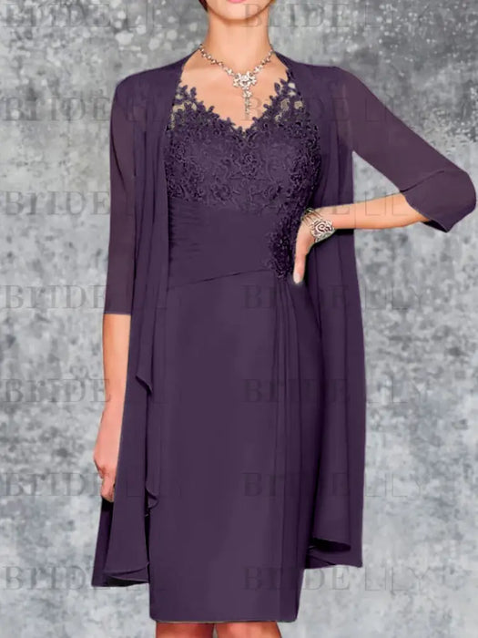 Grape Knee-Length V-Neck Sheath/Column Mother of the Bride Dresses