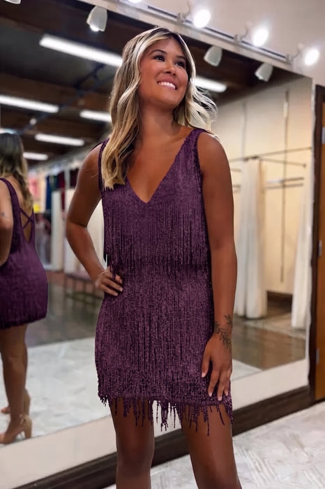 Grape V-Neck Backless Tight Short Homecoming Dress with Fringes