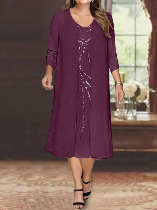 Grape V-Neck Long-Sleeve Tea-Length Plus Size Mother of the Bride Dress with Jacket and Sequins