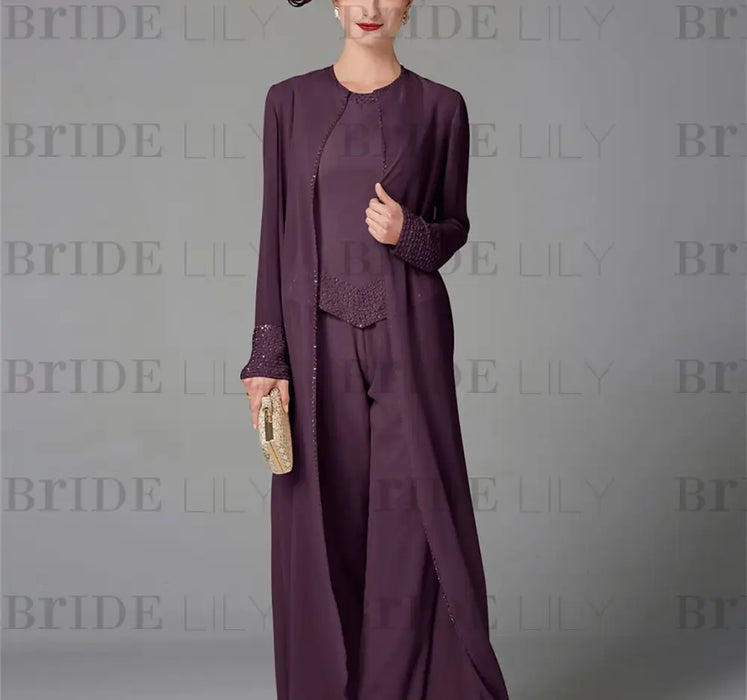 Long-Sleeve Chiffon Mother of the Bride Pantsuit with Jacket and Sequins