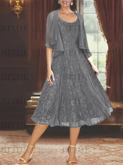 Princess A-Line Tea-Length Mother of the Bride Dress with Scoop Neck Half Sleeves Appliques and Jacket