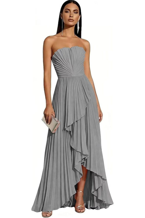 Strapless Pleated Chiffon High-Low Bridesmaid Dress