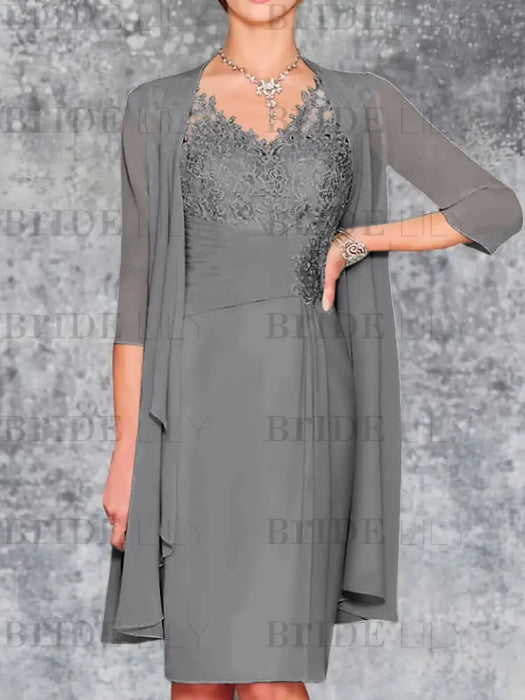Gray Knee-Length V-Neck Sheath/Column Mother of the Bride Dresses
