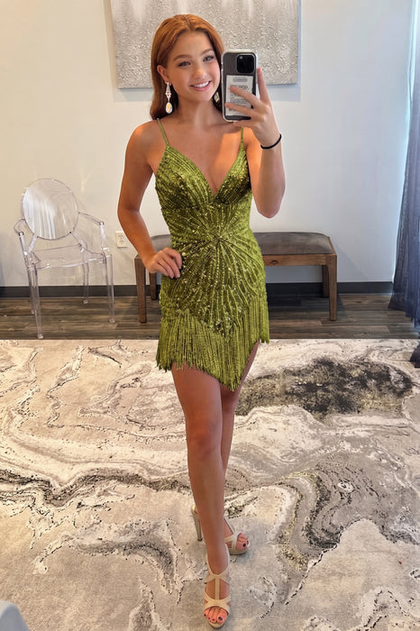 Green Sparkly Beaded Tight Short Homecoming Dress with Fringes