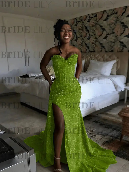 Green Sparkly Strapless Mermaid Sequined Prom Dress with Slit
