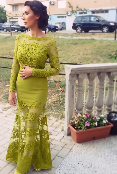 Green Trumpet/Mermaid Bateau Long Sleeves Applique Lace Dresses - Prom Dresses