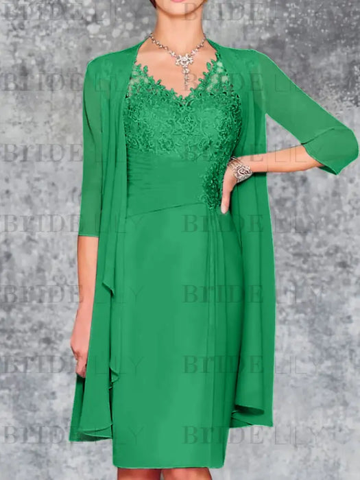 Green Knee-Length V-Neck Sheath/Column Mother of the Bride Dresses