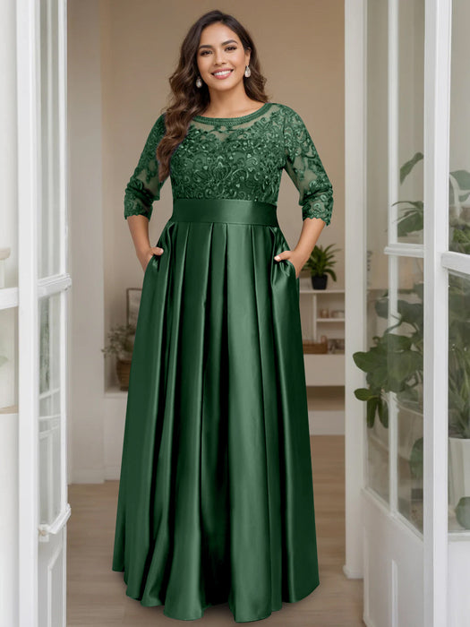 Emerald Green Plus Size Floor-Length Mother of the Bride A-Line Dress with 3/4 Sleeves Scoop Neck Bow & Sequins